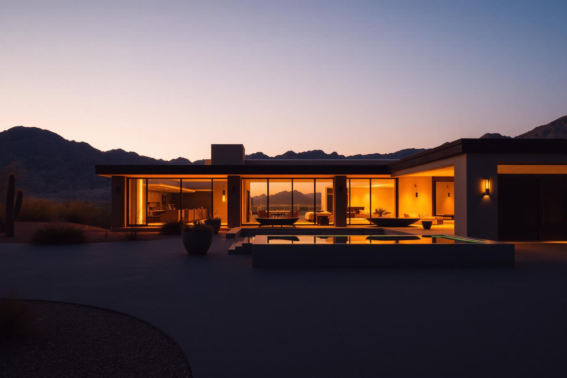 Modern luxury desert home in Scottsdale, Arizona at golden hour